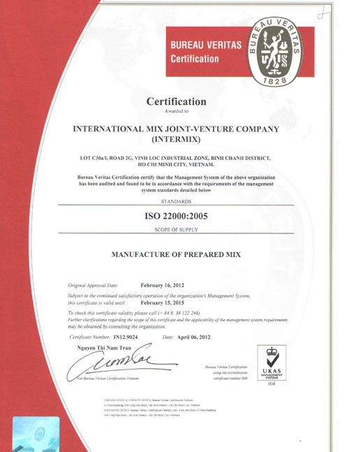 Công ty Intermix được cấp Giấy chứng nhận tiêu chuẩn ISO 22000:2005