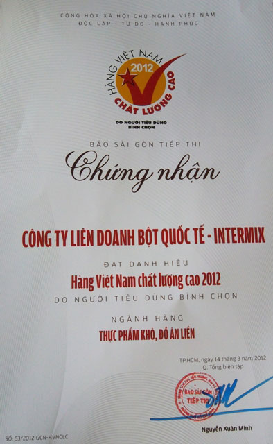 Intermix đạt danh hiệu Hàng Việt Nam chất lượng cao năm 2012